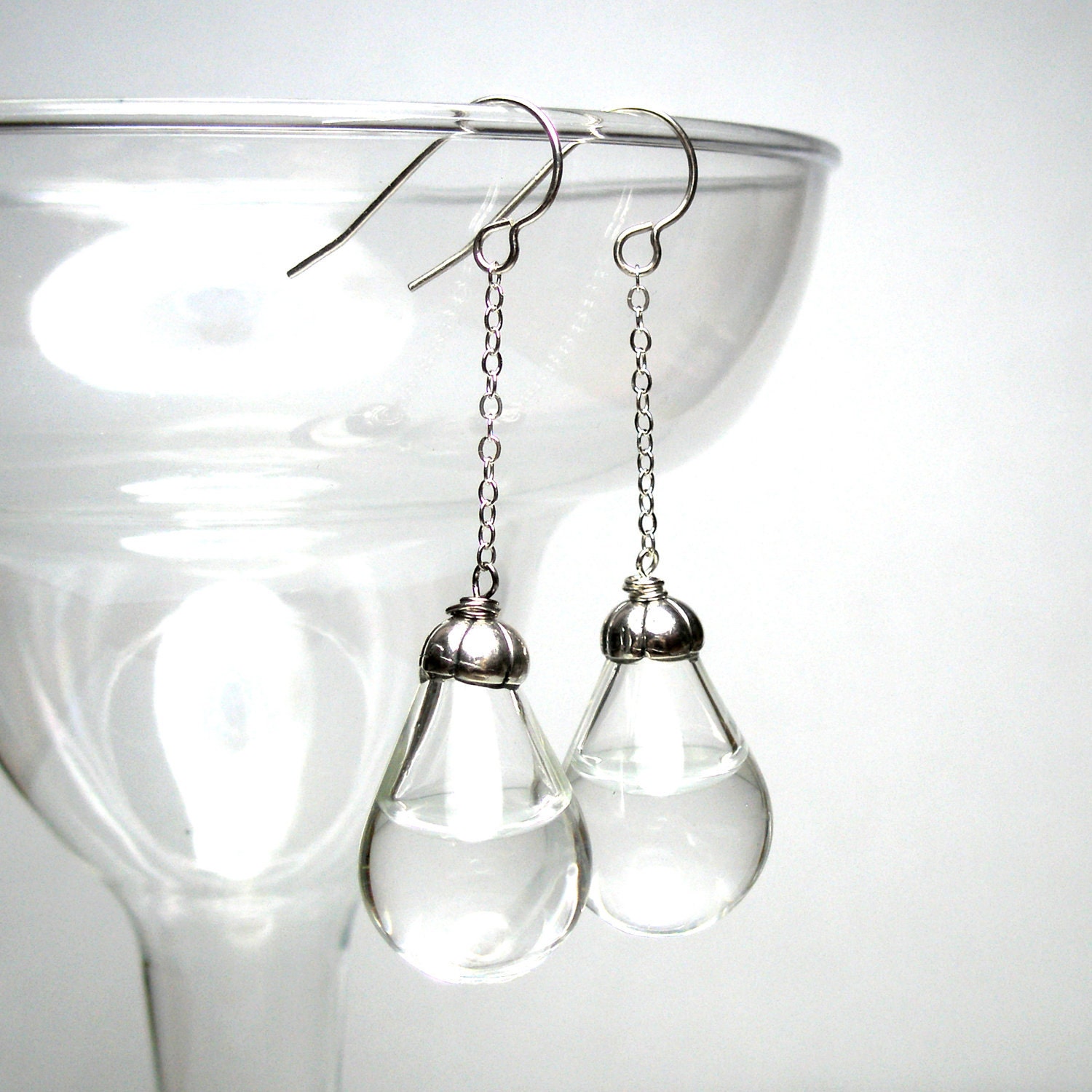 Long drop clear color water pear shaped sterling silver earrings