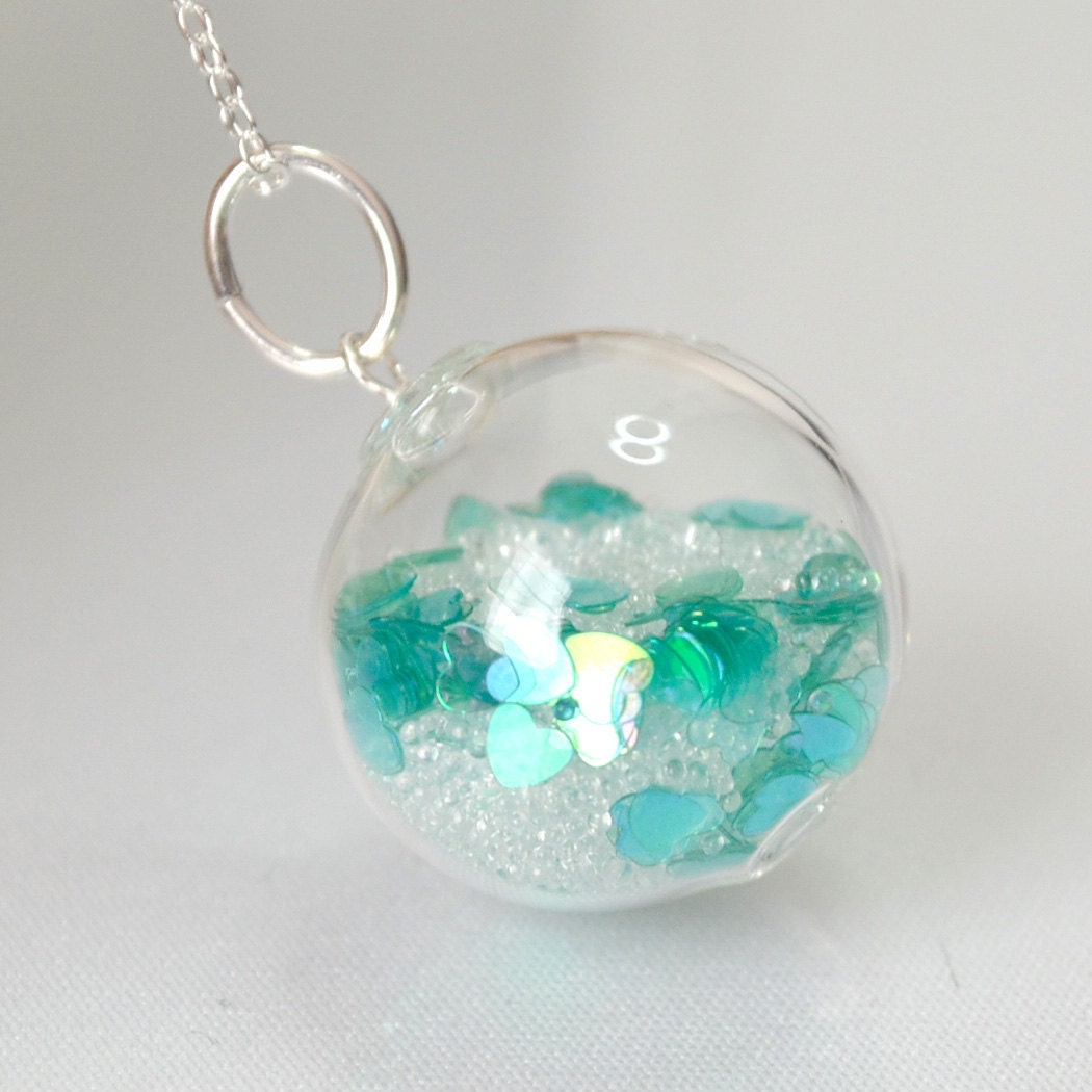 Icy teal heart glitter in blown glass ball silver necklace