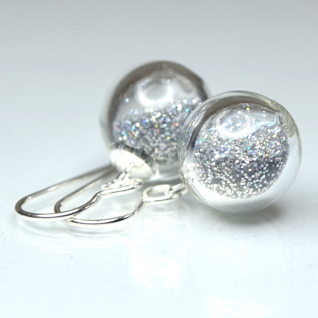 Iridescent silver fine glitter blown glass silver earrings
