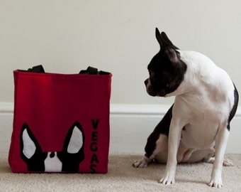 Personalized Boston Terrier Ears Tote Bag in Red Black and White - Free Shipping Worldwide