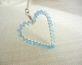 Beaded Necklace, Heart Necklace, Sterling Silver Necklace, Swarovski Blue Crystal Beads, Heart Pendant