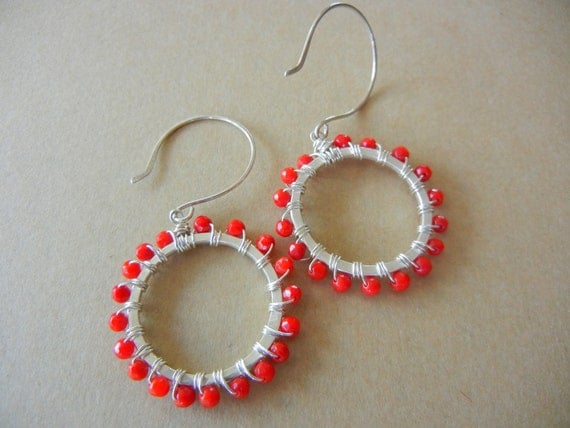 Sterling Silver  Hoop Earrings, Dangle coral Earrings, Red Earrings, Beaded Earrings