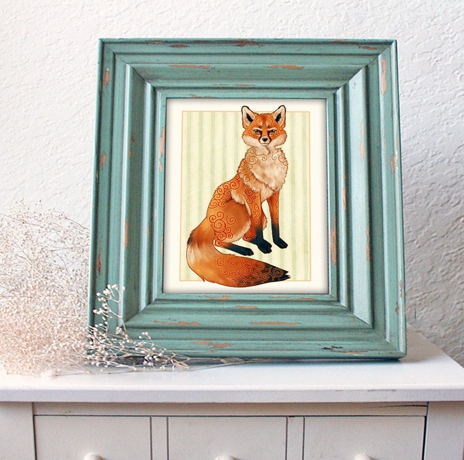 ACEO Fox Vixen Celtic Swirl, Digital Art Fantasy