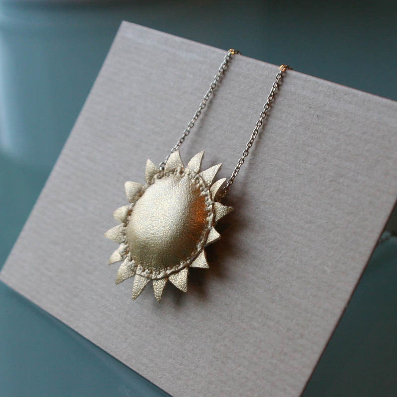 Golden sunshine - stitched faux leather stuffie necklace - on gold coloured chain