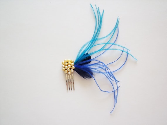 Blue Bridal Headpiece - Pearl Bridal Hair Comb - Feather and Pearl Headpiece