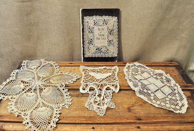 Vintage Lace Making Book and Three Lace Doilies