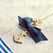 Anchor necklace, Nautical necklace, Sea side love necklace, Gold anchor necklace with a blue ribbon, Long nautical necklace