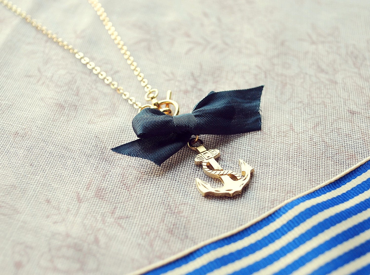 Anchor necklace, Nautical necklace, Sea side love necklace, Gold anchor necklace with a blue ribbon, Long nautical necklace