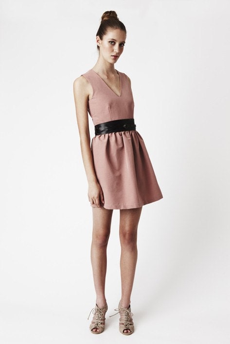 Dusty Pink Pout Dress - Vee-neck, waist gathers with a full skirt, playful