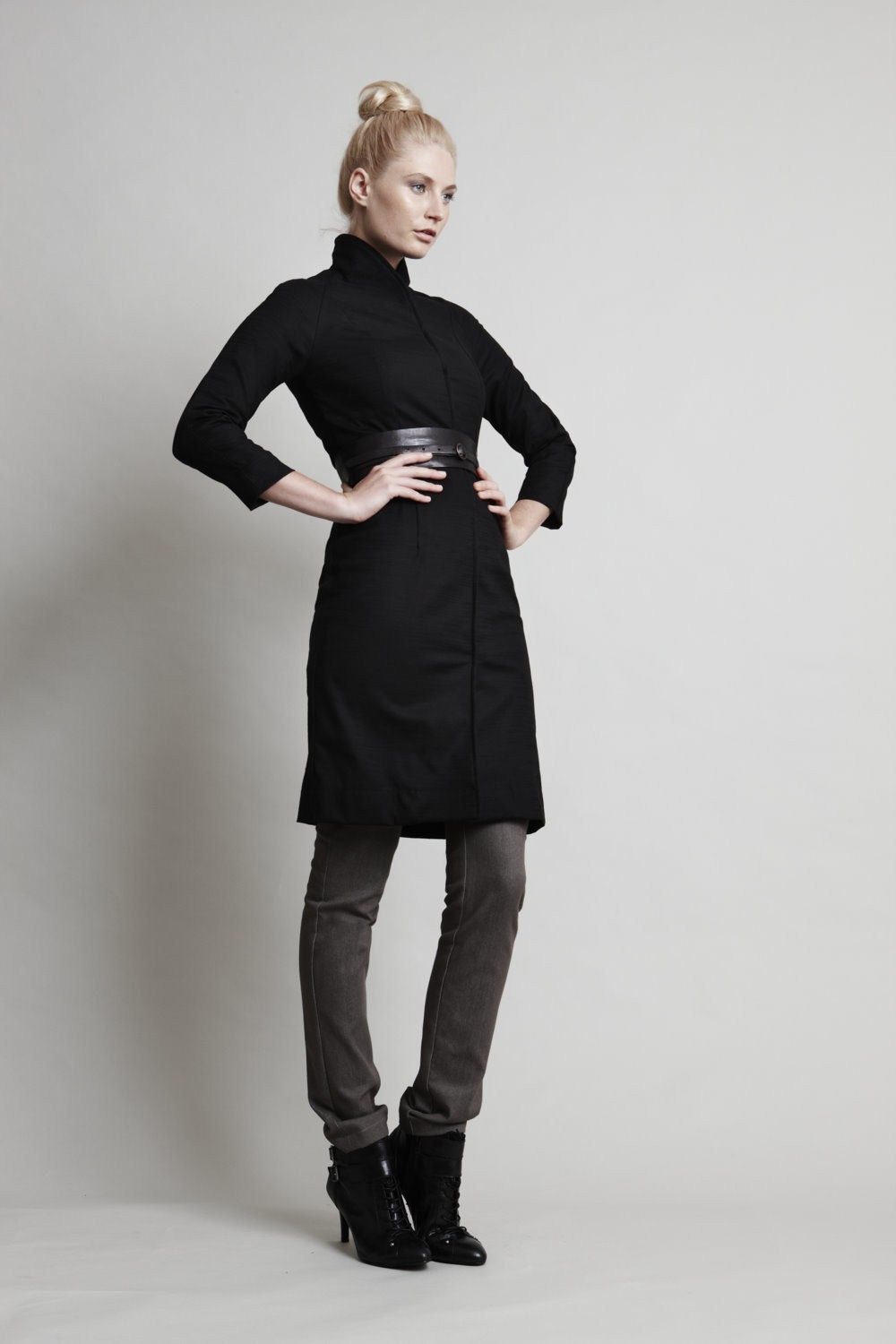 Jet Jacket - Black, long slim-line coat in stretch woven