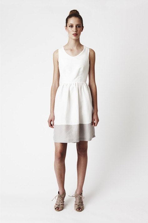 White Evelyn Dress - Simple, crisp and classic in silk/linen, vee-neck, two-tone, above knee