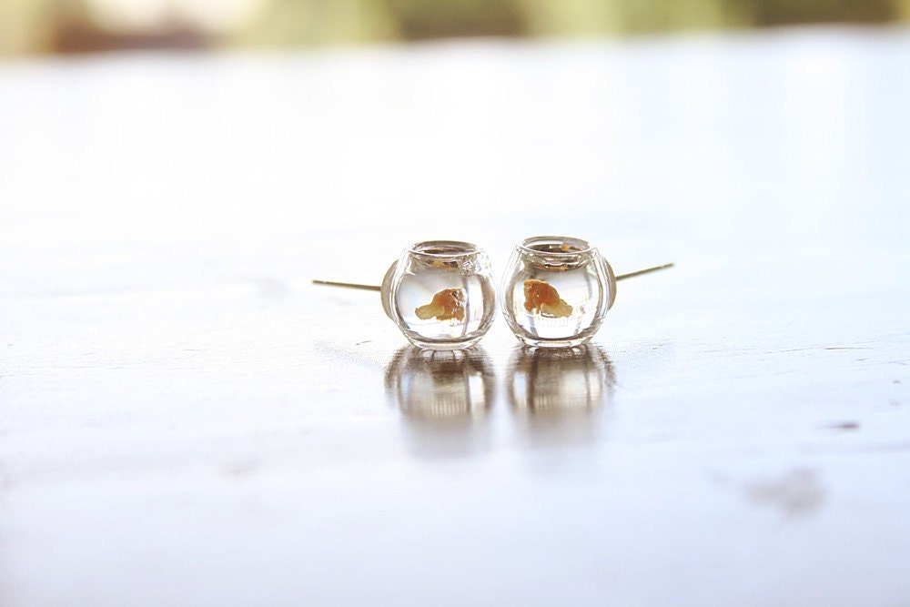 Yellow Goldfish in a bowl pet earrings
