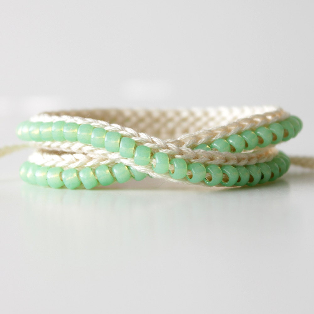 Beaded Wrap Bracelet, Off White and Sea Foam, Womens bracelet, Beaded Friendship Bracelet