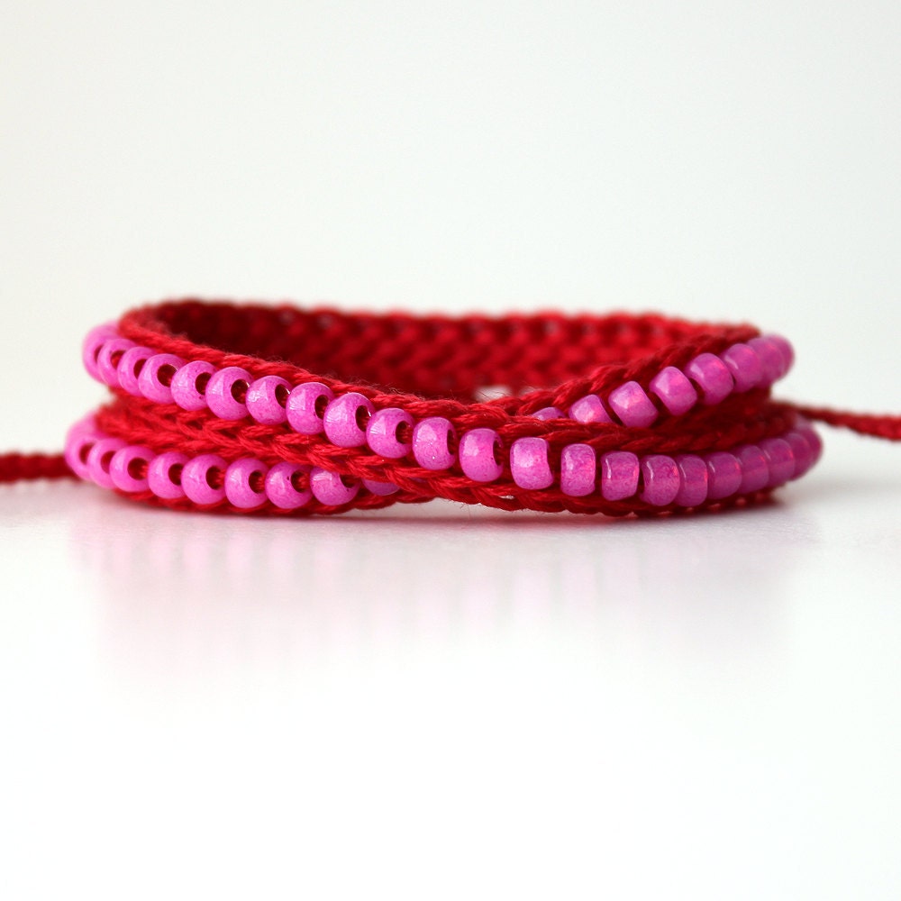 Beaded Wrap Bracelet, Friendship Bracelet, Valentines Bracelet, Red and Fuchsia