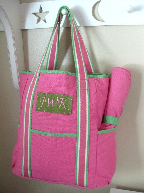 Monogrammed Diaper Bag -- Upcycled Pottery Barn Tote -- Pink