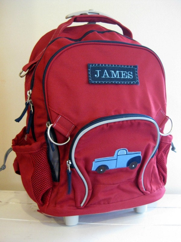 Large Rolling Backpack With Monogram (Upcycled Pottery Barn) -- Red With Truck Patch -- Free Shipping