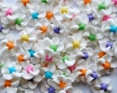 120 Handmade sparkling white royal icing flowers with multi-colored icing centers