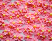 100 Handmade Pink Sparkling Royal Icing Flowers with Yellow Matte Sugar Pearl Center