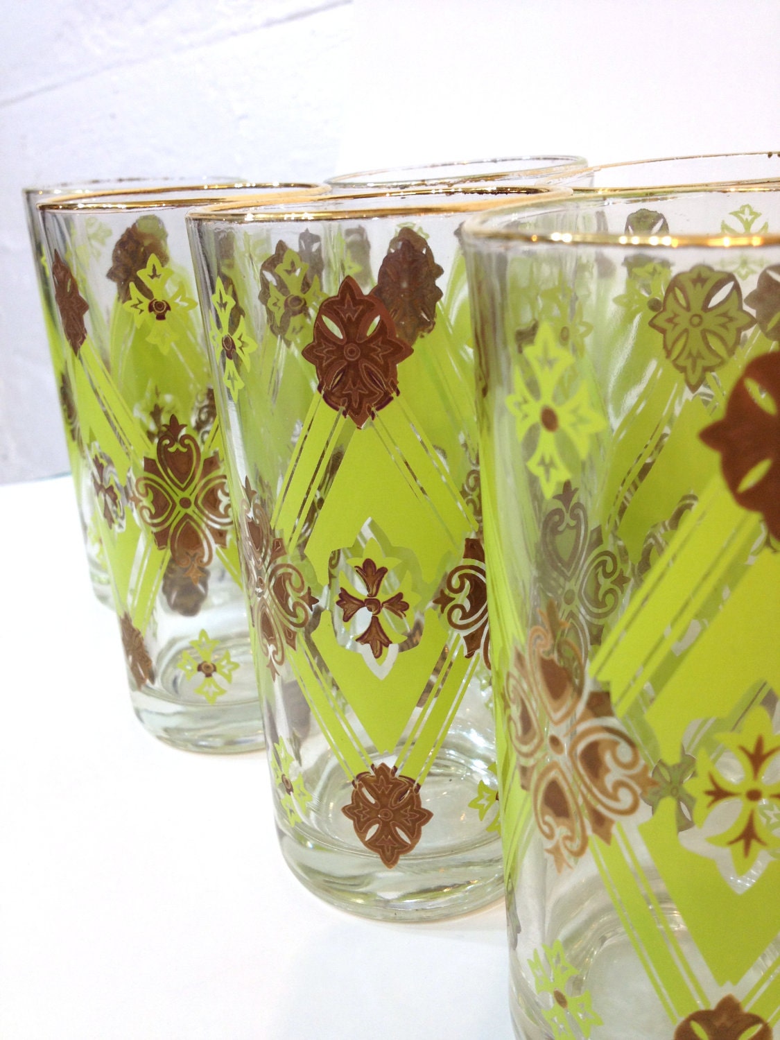 Set of 6 Vintage Glasses Green Brown Gold Drinkware Glassware Diamond Brocade Pattern