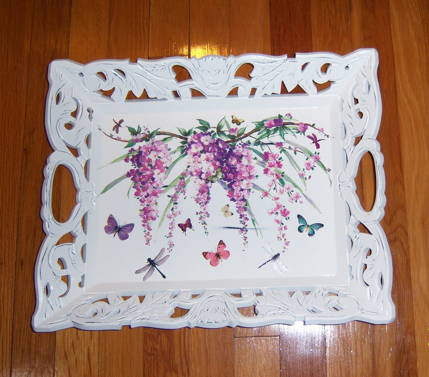 Ornate Wisteria Vine wood tray - glitter accents