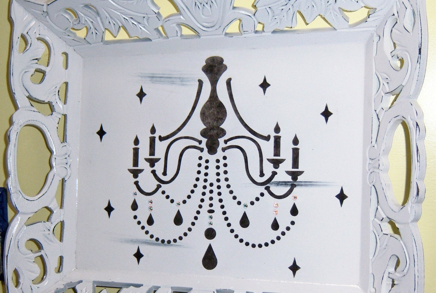 Ornate Chandelier wood tray - swarovski crystals