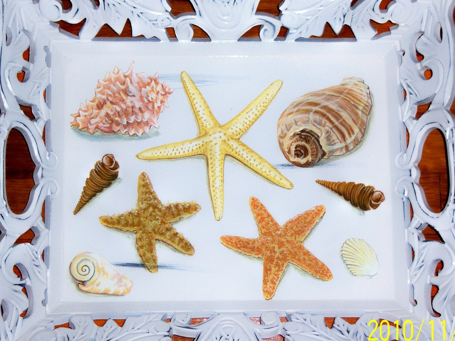 Ornate sea shell wood tray