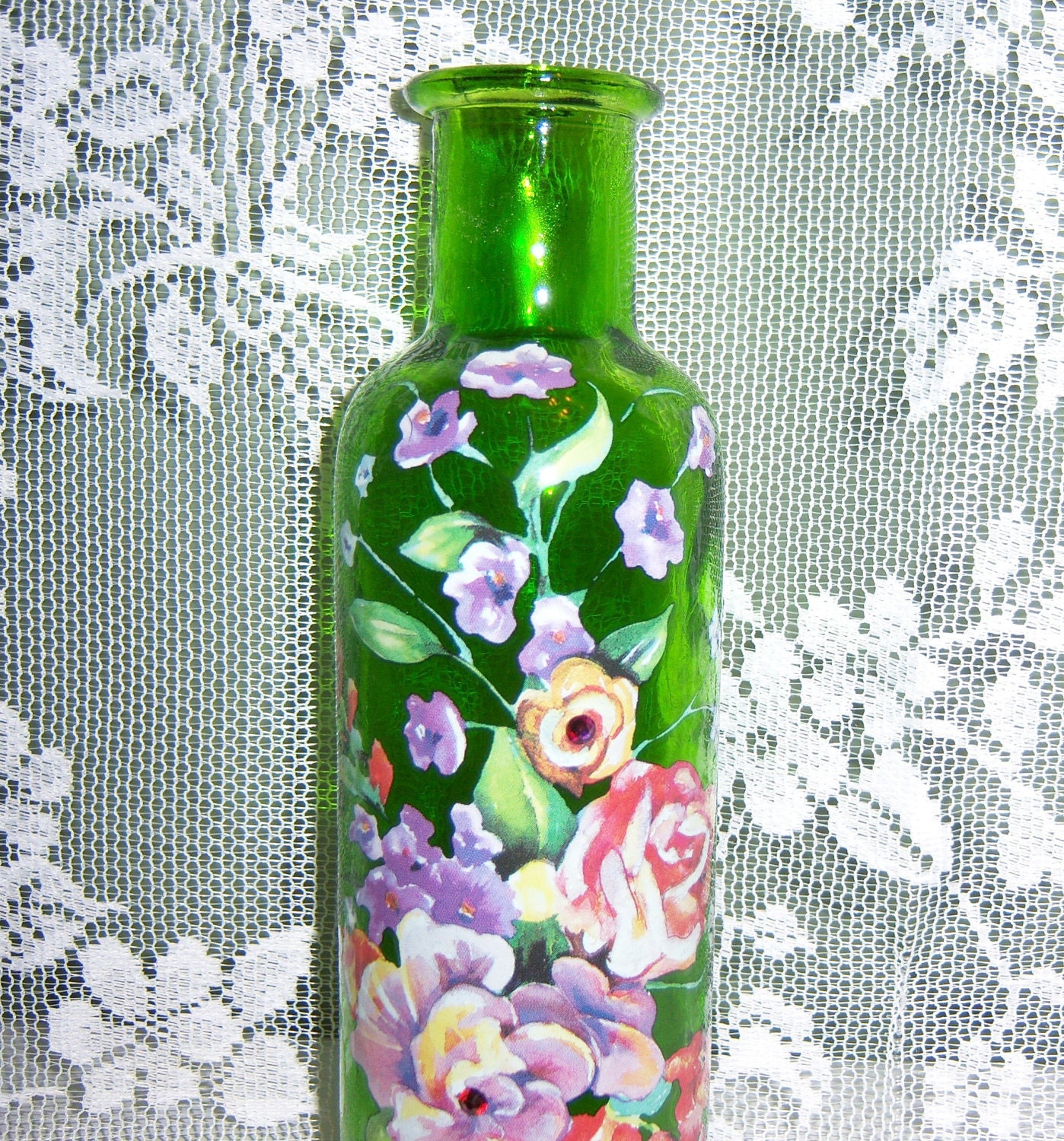 Green vase - multi floral - swarovski crystals
