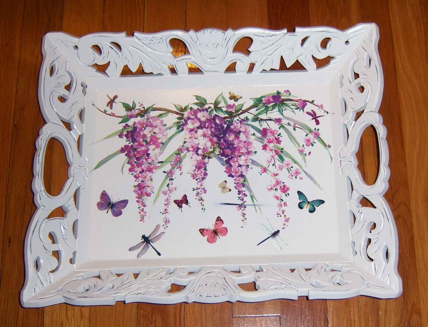 Ornate Wisteria Vine wood tray - glitter accents