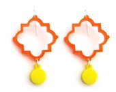 Tangy Orange Bali Motif Earrings with Yellow Drops Laser Cut Acrylic