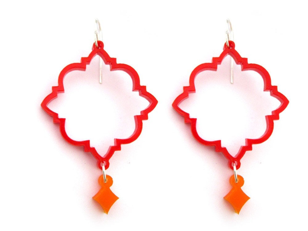 Blood Red India Motif Earrings with Orange Diamond Shaped Drops Laser Cut Acrylic
