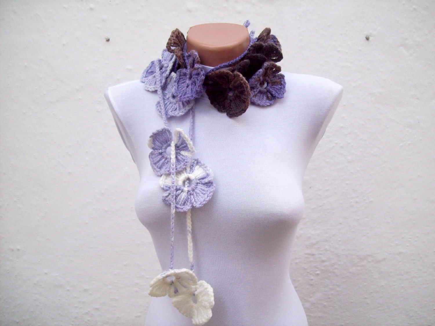 Handmade crochet Lariat Scarf Lilac Brown Purple White Flower Lariat Scarf Colorful Variegated Long Necklace Winter Fashion