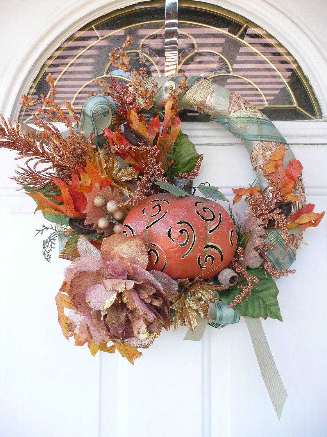 WoodsLand Vibrant OOAK Natures Rustic Fire Pumpkin Patch Front Door Holiday Wreath