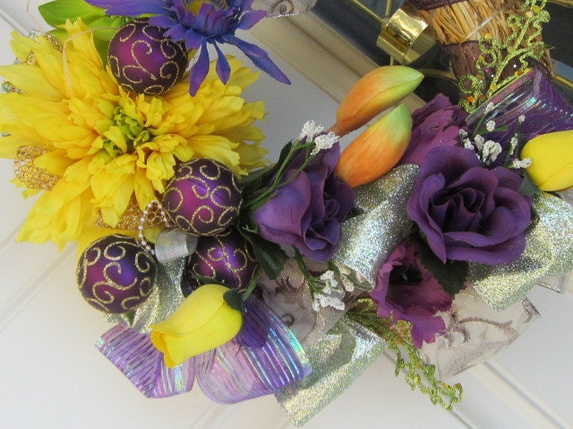 OOAK PAssionate AmethySt and SUNFLoWeR Spring Woodland Yellow Daisy Rustic Elegance Wreath