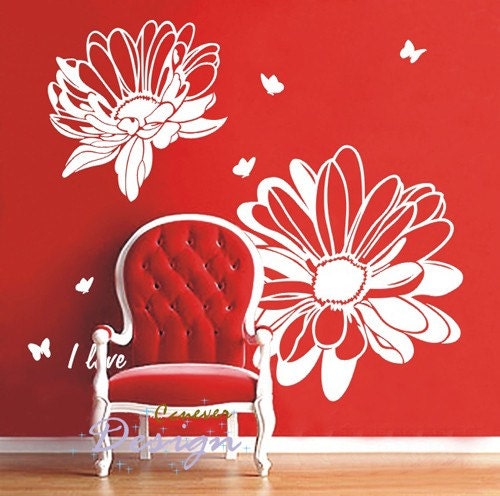 Amazing big 2 flowers 16 butterfly----art Graphic removable Vinyl wall decals stickers home decor