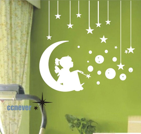 Angel Girl On Moon Stars Bubbles----Removable Graphic Art wall decals stickers home decor