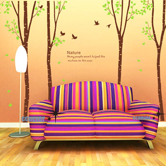 Birch grove 4 Huge Tree Birds----Removable Graphic Art wall decals stickers home decor