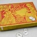 Vintage Toy Money Educational box with fabulous lithograph of children playing dress up - great red or yellow retro kitchen display