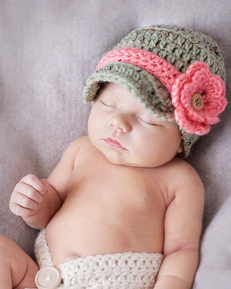 Baby Girl Hat or Baby Boy Infant Newsboy Hat WITH 2 flowers and 2 bands Awesome Photo Prop