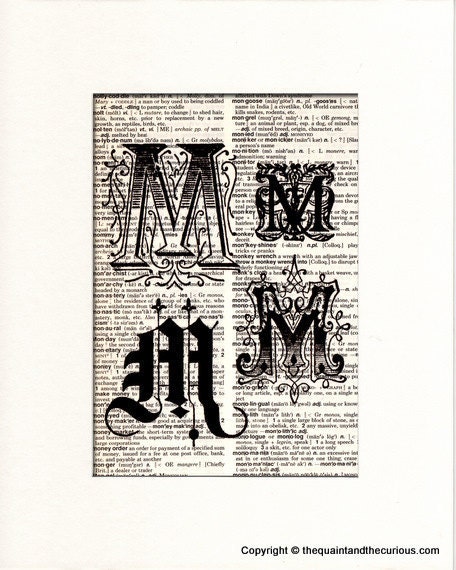Letter M Monogrammed Gift Personalized Initial Print Vintage Book Page - Beautifully Matted Fathers Day Gift Present Home Office Decor