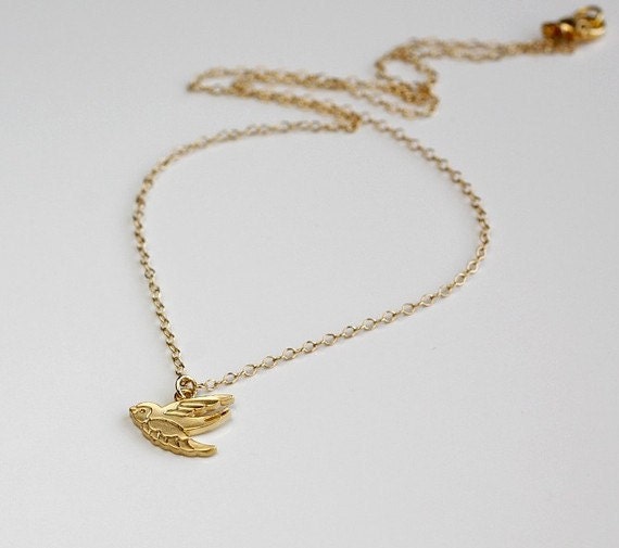 flying bird necklace, 14k gold filled chain, small dainty charm pendant, delicate everyday jewelry, by balance9