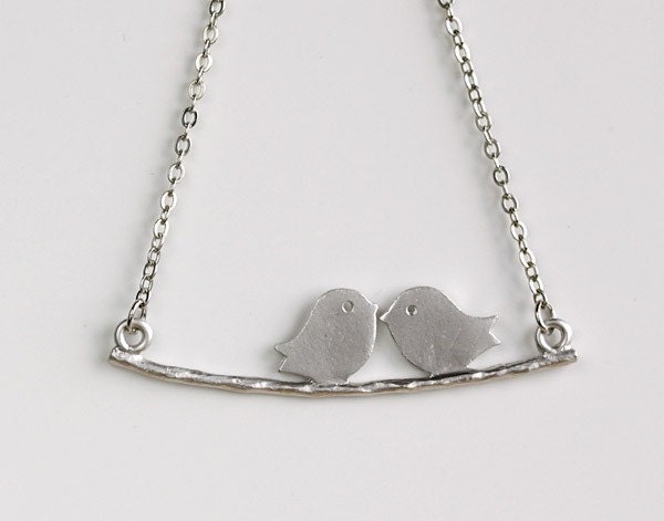 Love birds on Branch Necklace, kissing birds charm pendant, delicate, by balance9