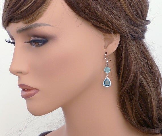 Earrings, Mint Aqua framed glass crystal drop dangle, sterling silver ear wire, delicate everyday jewelry, wedding gift, by balance9