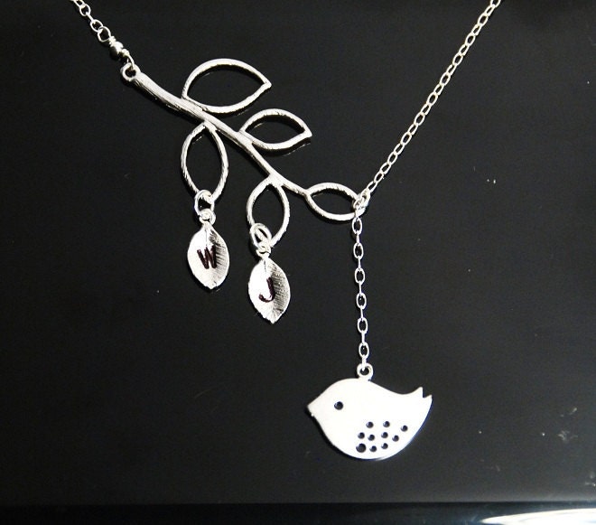 Sterling silver necklace, lovely bird necklace in silver, stamped initials, personalized jewelry