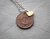 Sunken treasure- Vintage foreign currency coin with a tiny brass heart- Unique french inspired everyday jewelry