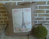 PARIS - Eiffel Tower - Shabby Chic Roses - Burlap Pillow