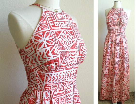 Vintage Red Halter Maxi Dress Hawaiian Tribal Geometric Print - Party Dress