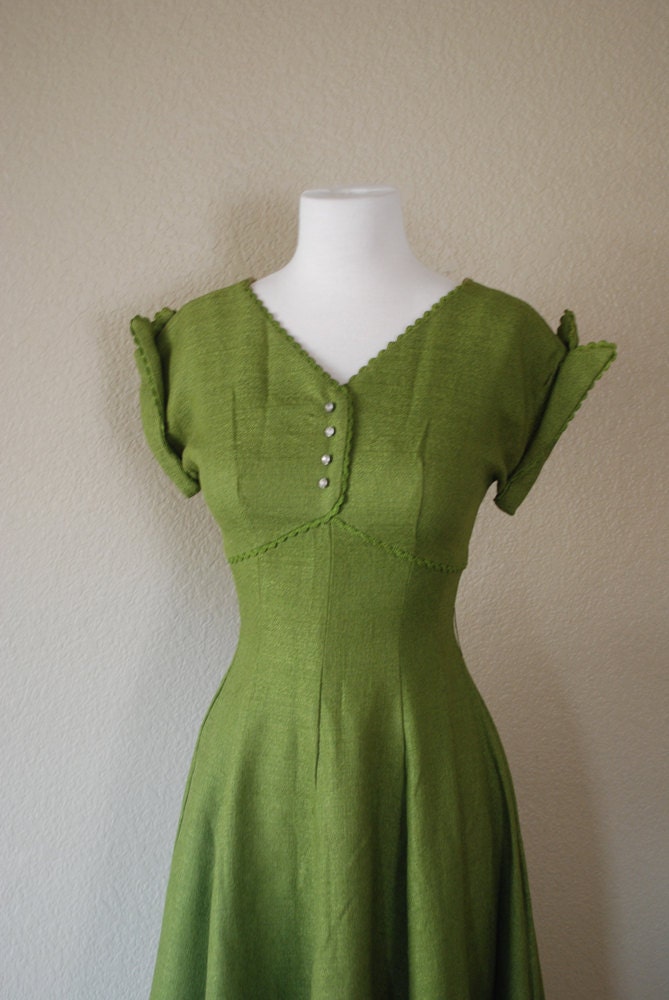 Vintage Dress 40s 50s Peridot Green Woven Full Skirt Gown XS S