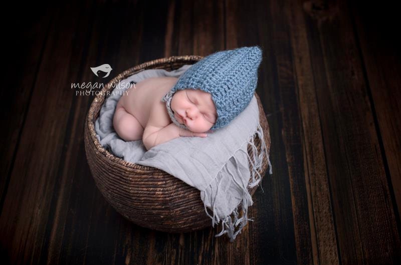 Pixie elfin chinstrap beanie newborn stone grey and denim blue wood button great photo prop Custom colors available