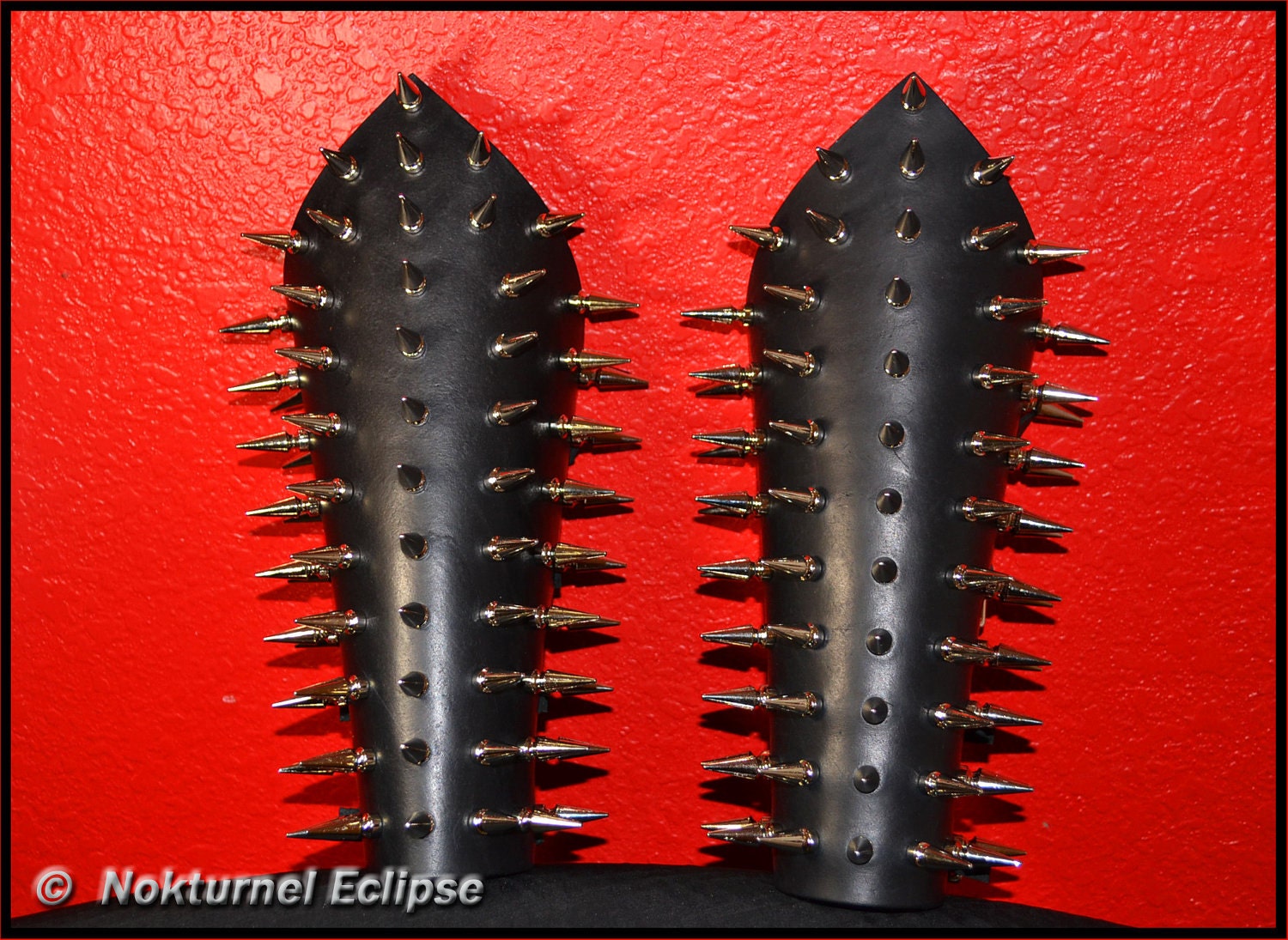 Pair Spiked Leather Gauntlet Bracer Black Metal - Straight Rows Design - Lace Up - Fetish Bondage Leather Armor