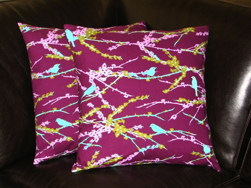 Decorative Pillows 16 x 16 inches Throw Pillow Covers set of TWO 16" Joel Dewberry Aviary 2 Sparrows Lilac & Aqua